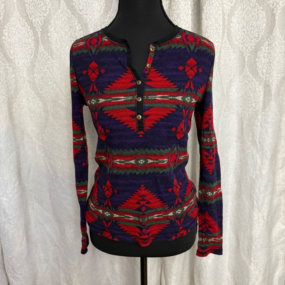 Chaps Red and Blue Geometric Blouse